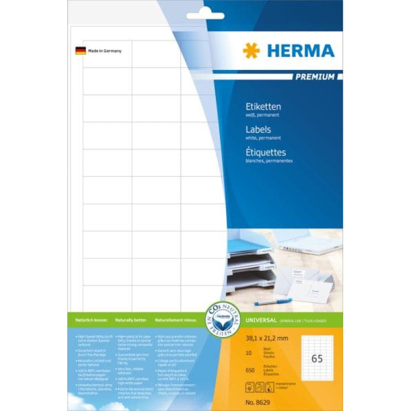 Herma Etykiety Premium 8629, A4, białe, 38,1 x 21,2 mm, papier matowy, 650 szt. (8629)