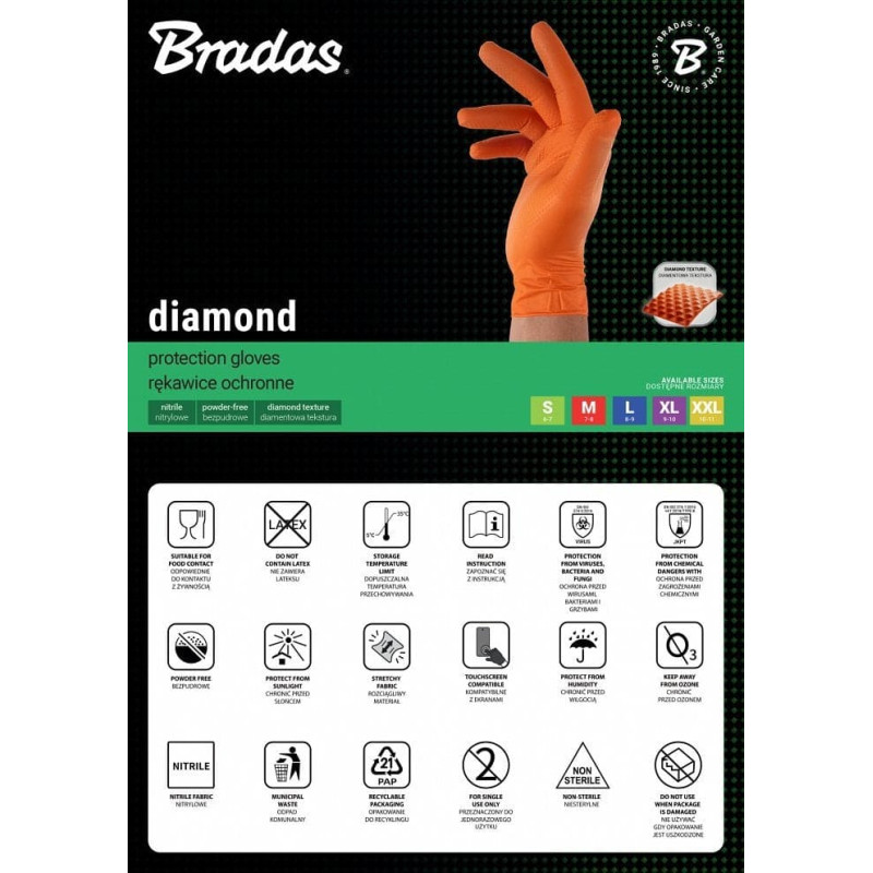 Bradas RĘKAWICE NITRYLOWE DIAMOND POMARAŃCZOWE XXL 10-11 /50szt.