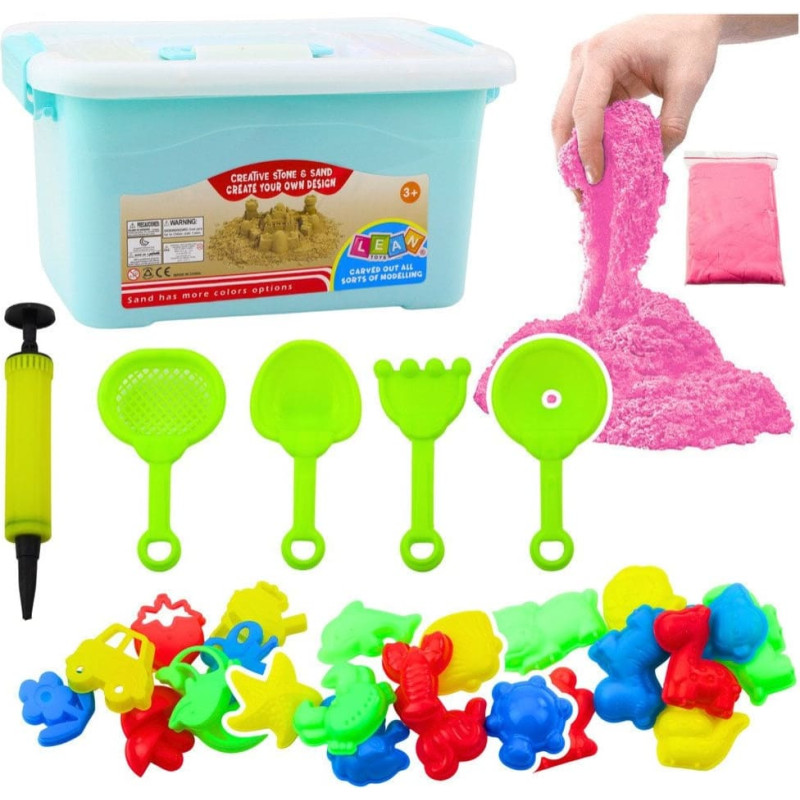 Leantoys Zestaw Piasek Kinetyczny Różowy 3kg Foremki Narzędzia Dmuchana Plansza