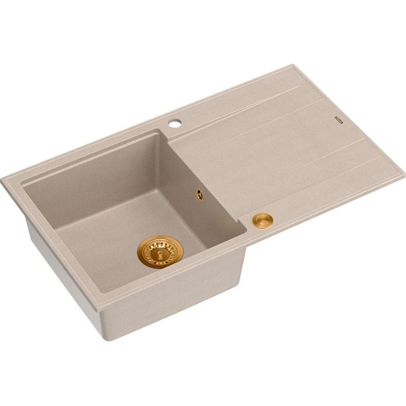 Graniteq EVAN 111 GraniteQ zlewozmywak z syfonem Push 2 Open 1-komorowy z/o (860x500x210) pearl beige / elementy miedziane