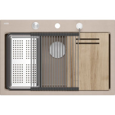 Graniteq MARC 110 WORKSTATION GraniteQ zlewozmywak 1-komorowy 760*500*235 mm pearl beige + syfon push to open + dozownik stal szcz.+ wkładka ociekowa+ Qmata +deska/ elementy stalowe