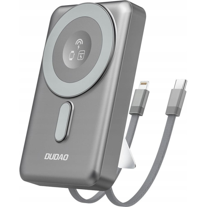 Dudao Powerbank Dudao K29 10000mAh PD 20W z MagSafe z metalową obudową, podstawką i wbudowanymi kablami USB-C/Lightning - szary