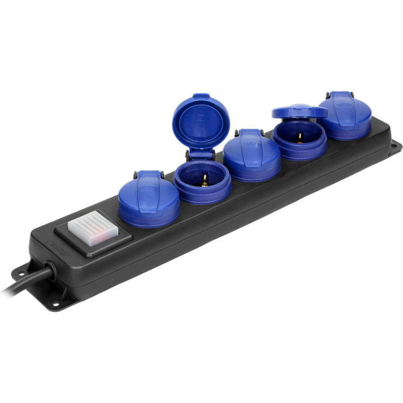 Orno Przedłużacz warsztatowy bryzgoszczelny z wyłącznikiem, 5 gniazd 2P+Z, IP44, schuko przewód gumowy, H05RR-F 3x1,5mm2, długość 5m