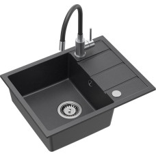 Graniteq MIKE 116 zlewozmywak granitowy czarny 1-komorowy z/o (56x44x17,5) + bateria z elastyczną wylewką + syfon + zaślepka+ wkładka czarna rozsuwana