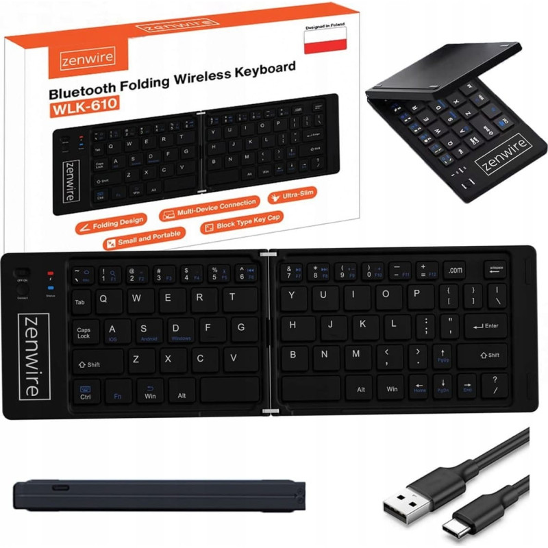 Zenwire Składana Mini Klawiatura Bezprzewodowa Bluetooth do Tabletu Telefonu USB-C
