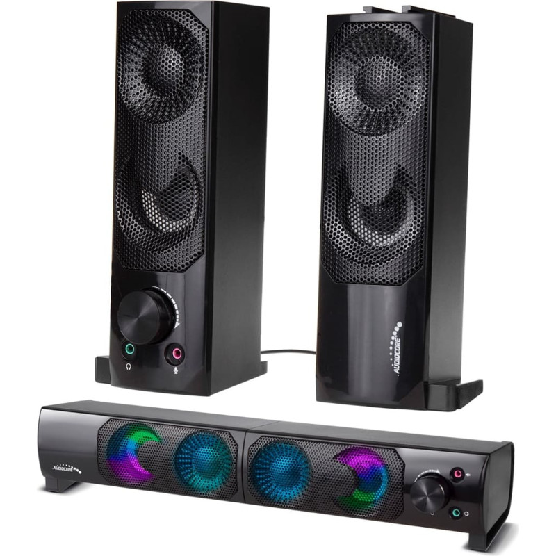 Audiocore 2 vienā datora skaļrunis, skaņas josla, dators, RGB, LED fona apgaismojums, stereo, spēles, USB, 2 x 3 W, AUX, 3,5 mm
