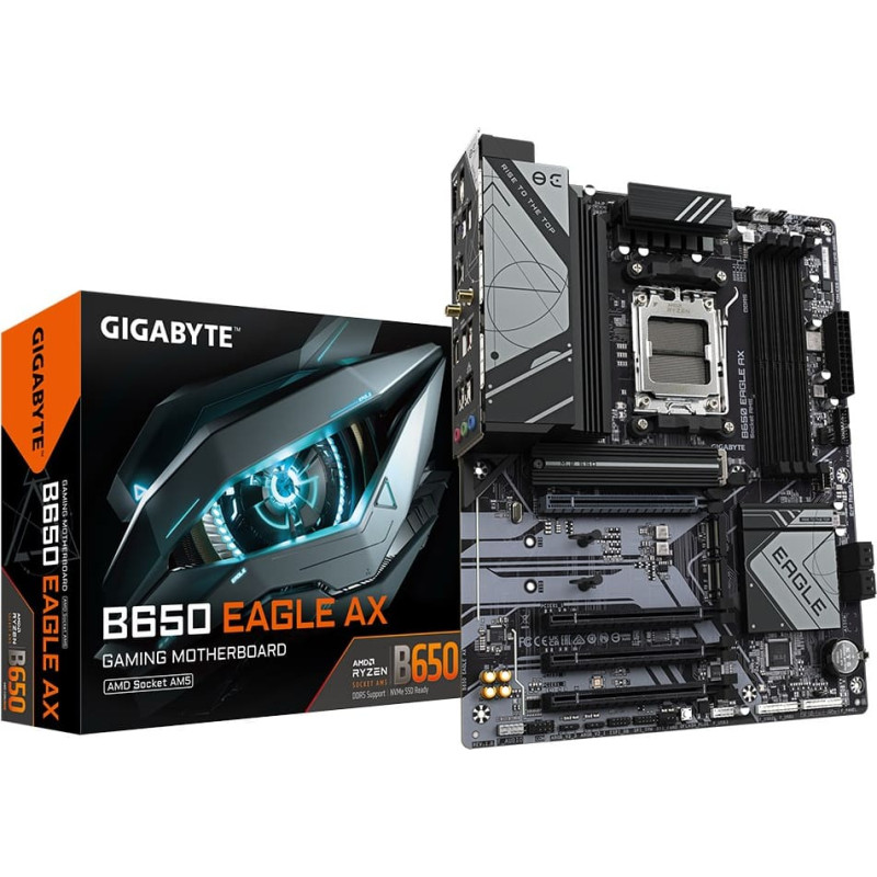 Gigabyte B650 EAGLE AX mātesplate - AMD Ryzen 9000 sērijas centrālie procesori, 12+2+2 fāžu VRM, līdz 7600MHz DDR5 (OC), 1xPCIe 5.0 + 2xPCIe 4.0 M.2, GbE LAN, WIFI 6E, USB 3.2 Gen 2
