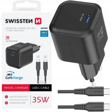 Swissten Tīkla Lādētājs GaN USB-C 35W PD + Datu kabelis USB-C - USB-C 1.2m