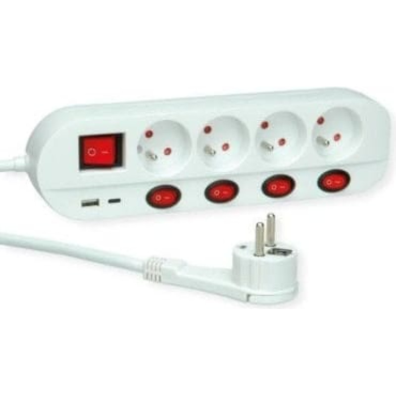 Roline Listwa zasilająca ROLINE, 4-drożna, UTE, z indywidualnymi włącznikami/wyłącznikami, 1x USB A, 1x USB C, 1,5 m
