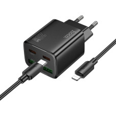 Hoco Ładowarka sieciowa do telefonu Hoco 2 x USB C + 2 x USB A QC3.0 PD 3A 20W + kabel USB C do Lightning N55 czarna