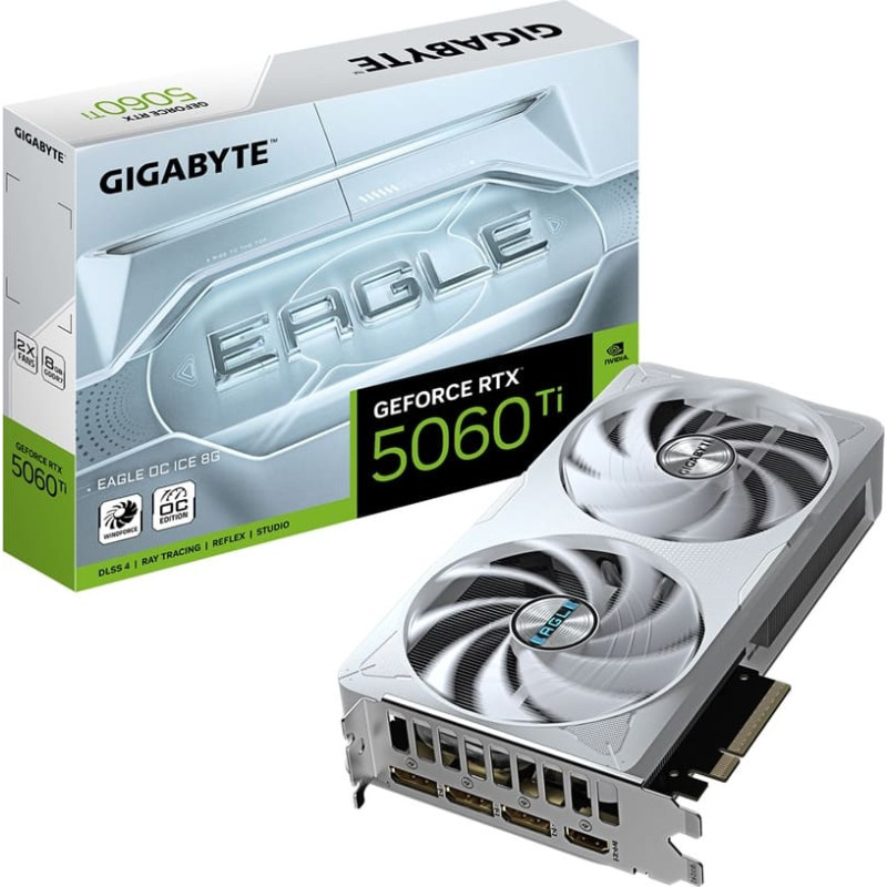 Gigabyte GeForce RTX 5060 Ti EAGLE OC ICE 8G grafikas karte - 8 GB GDDR7, 128 bitu, PCI-E 5.0, 2617 MHz kodola takts frekvence, 3 x DisplayPort, 1 x HDMI, GV-N506TEAGLEOC ICE-8GD