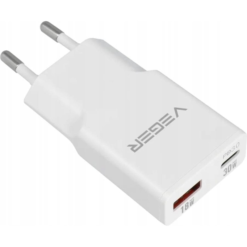 Canyon Ładowarka sieciowa do telefonu VEGER USB A + USB C QC PD 30W 30W1A1C biała