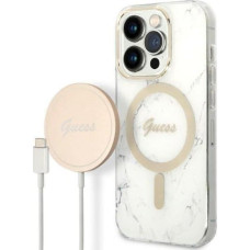 Guess Ładowarka Guess Zestaw Guess etui + ładowarka bezprzewodowa GUBPP14LHMEACSH Apple iPhone 14 Pro biały/white hard case Marble MagSafe