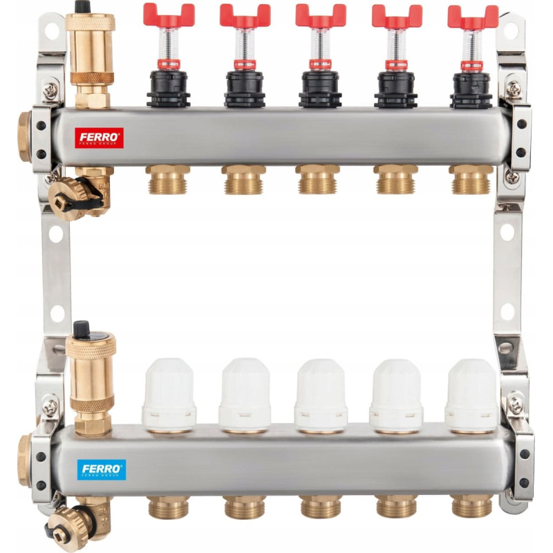 Ferro Rozdzielacz ze stali nierdzewnej 1 12-drogowy z zaworami termostatycznymi, przepływomierzami, odpowietrznikami automatycznymi, zaworami spustowymi, nyplami 3/4