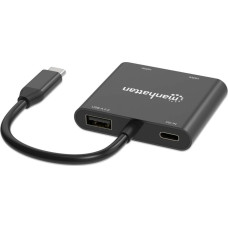 Manhattan USB-C auf Dual-Monitor-Adapter zwei HDMI bis 4K60Hz USB-A 480 Mbit/s und USB Power Delivery 100W Ports Aluminium schwarz