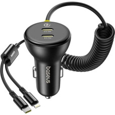 Baseus Ładowarka samochodowa Baseus 60W 2xUSB-C + wbudowany kabel USB-C, Lightning (Czarna)