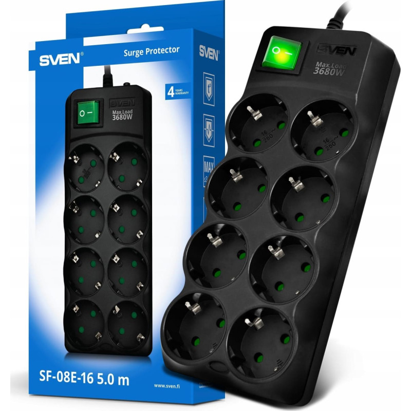 Sven Listwa przeciwprzepięciowa SVEN SF-08E-16 1,8 m (8 gniazd) czarna