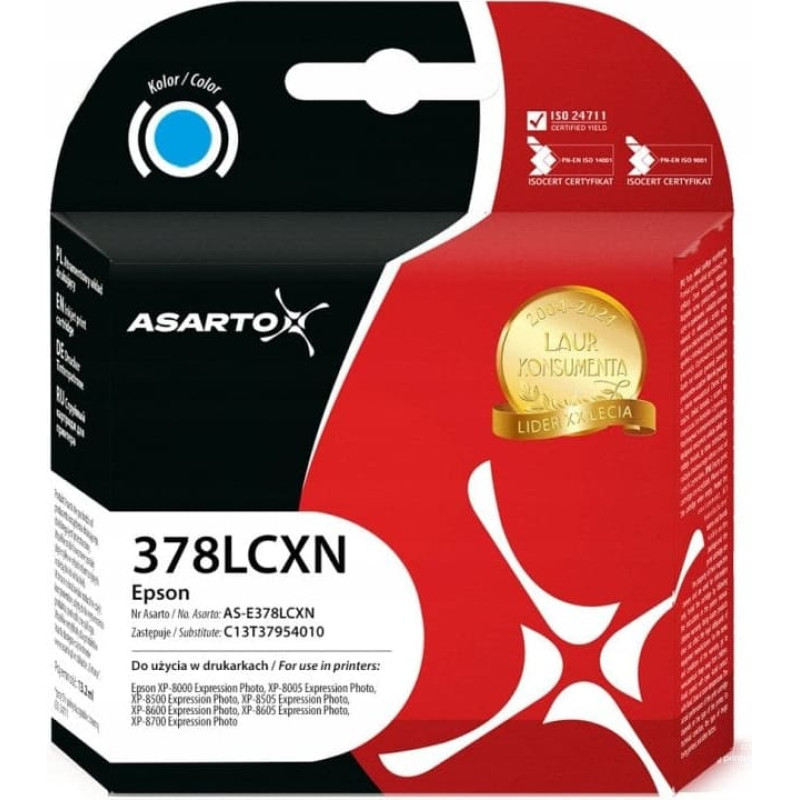 Asarto Tusz Asarto do Epson 378XL | C13T37954010 | 830 str. | light cyan