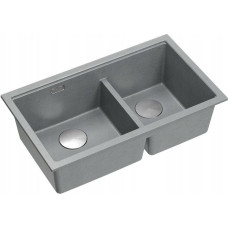 Graniteq QUADRON | LOGAN 120 | granitowy zlewozmywak kuchenny SILVER STONE + STAL | wymiar: 76 x 45 x 23,5 cm | 2-komorowy podwieszany| podbudowa szafki od: 80 cm