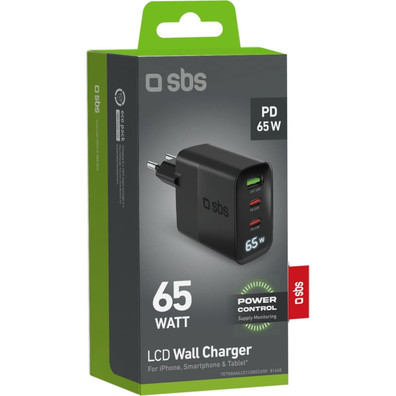 Sbs Mobile SBS LCD Wall Charger  USB-A  2x USB-C  LCD  65 W  melna - Ladetajs