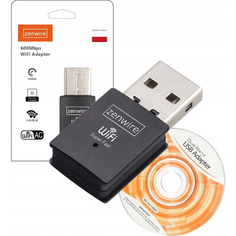 Zenwire Karta Sieciowa Adapter Antena Zewnętrzna WiFi USB 600MB 5Ghz do Komputera