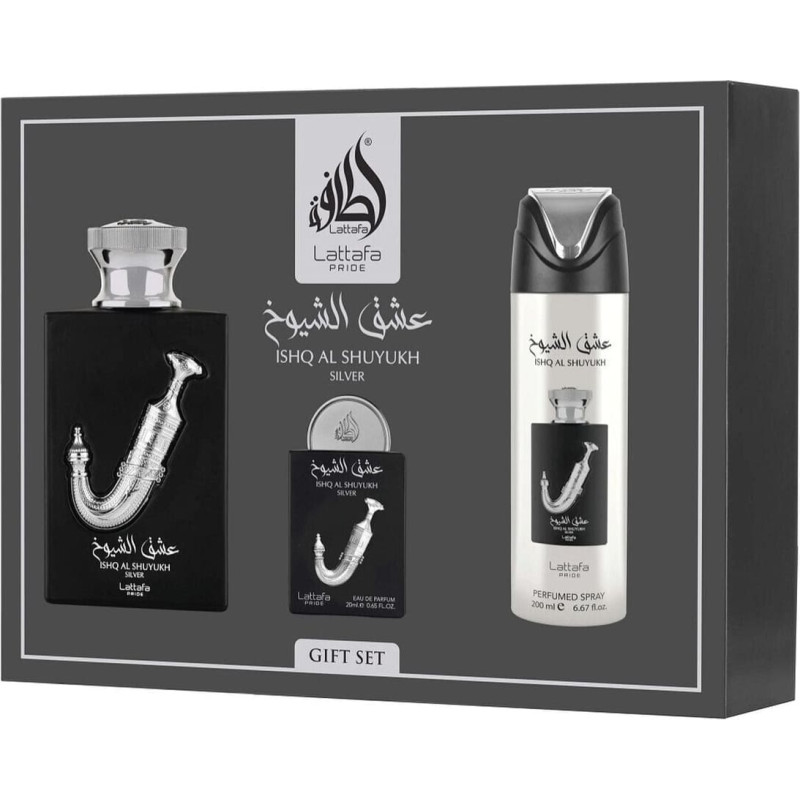 Lattafa Ishq Al Shuyukh Zestaw woda perfumowana spray 100ml + woda perfumowana spray 20ml + dezodorant spray 200ml