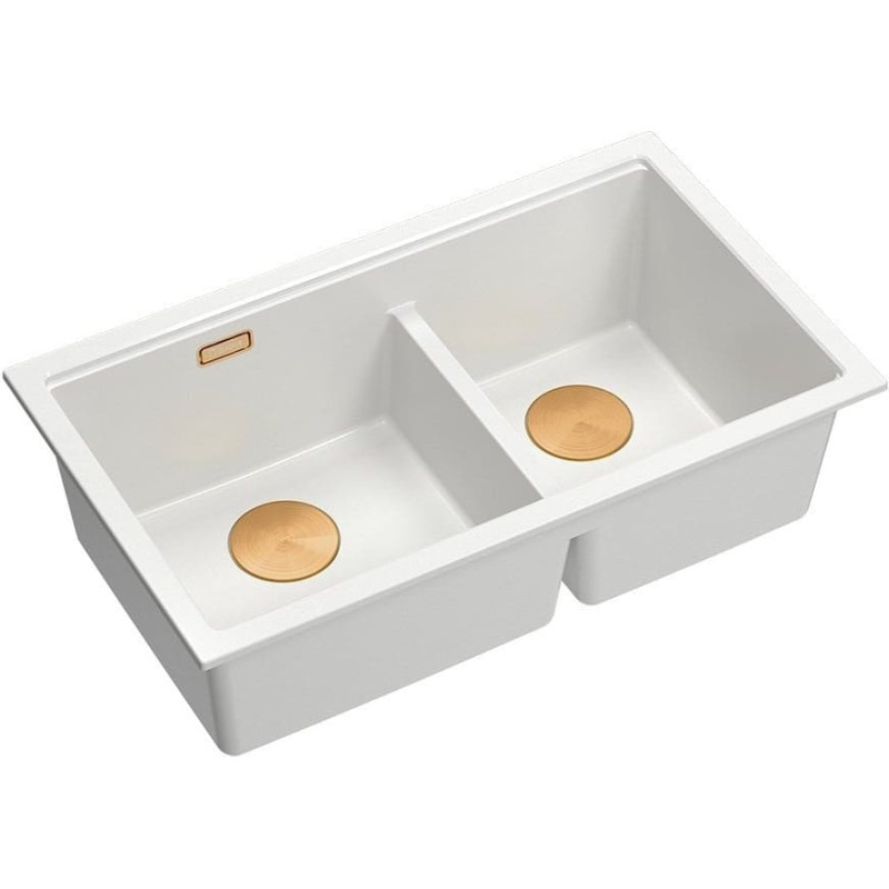 Graniteq QUADRON | LOGAN 120 | granitowy zlewozmywak kuchenny SNOW WHITE + MIEDŹ PVD | wymiar: 76 x 45 x 23,5 cm | 2-komorowy podwieszany | podbudowa szafki od: 80 cm
