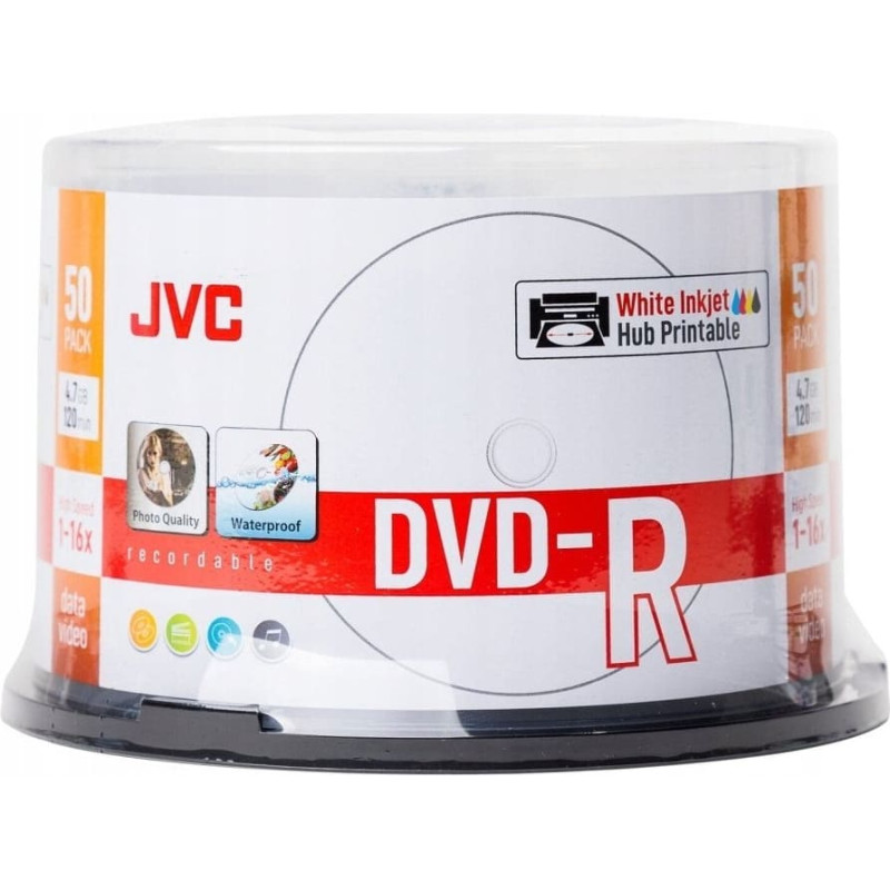 JVC DVD-R 4,7GB 16X INKJET WHITE PRINTABLE WATERPROOF PHOTO GLOSSY CAKE*50 70771BJCK0018