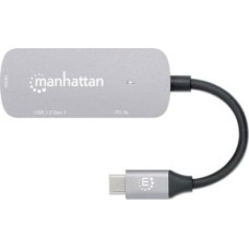 Manhattan USB-C 3-in-1 Konverter mit Power Delivery USB 3.2 Typ-C-Stecker auf HDMI 4K30Hz USB-A 5Gbit/s und USB-C PD 100W Alu Grau