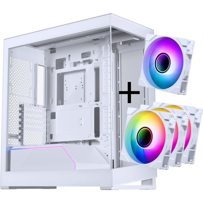 Phanteks NV-Serie NV5 MK2 ATX-Gehäuse, Tempered Glass, DRGB - Matte White + 3er Pack M25 Gen2 PWM D-RGB Lüfter Reverse Blade + 1x Normal Fan - 120mm