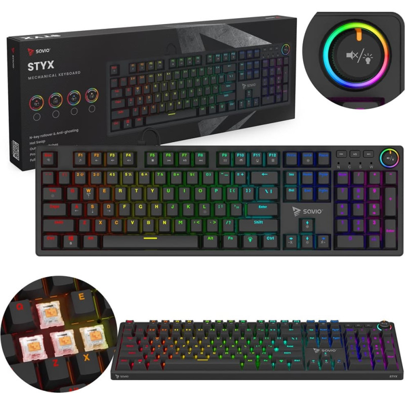 Savio STYX Mekanisk garša Outemu Peach Silent, Hot Swap, RGB