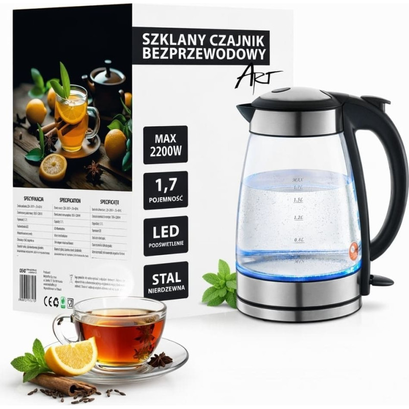 ART CZAJNIK ELEKTRYCZNY SZKLANY LED 1.7L ART