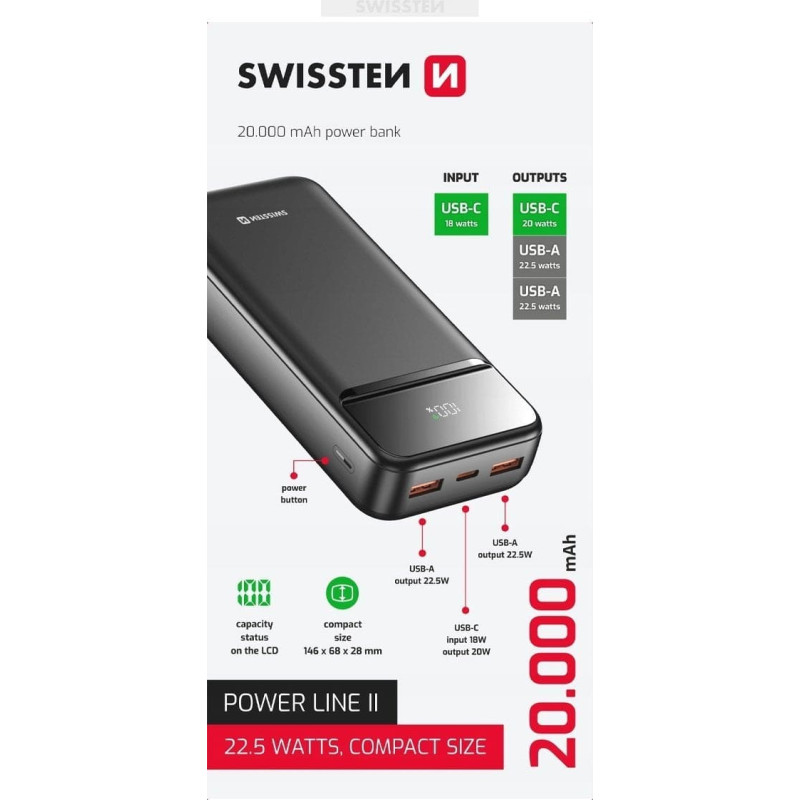 Swissten , Powerbank, POWER LINE II, Li-Pol, 5/9/12V, do �adowania telefon�w i innych urz�dze�, 22013947, 20000mAh, czarna