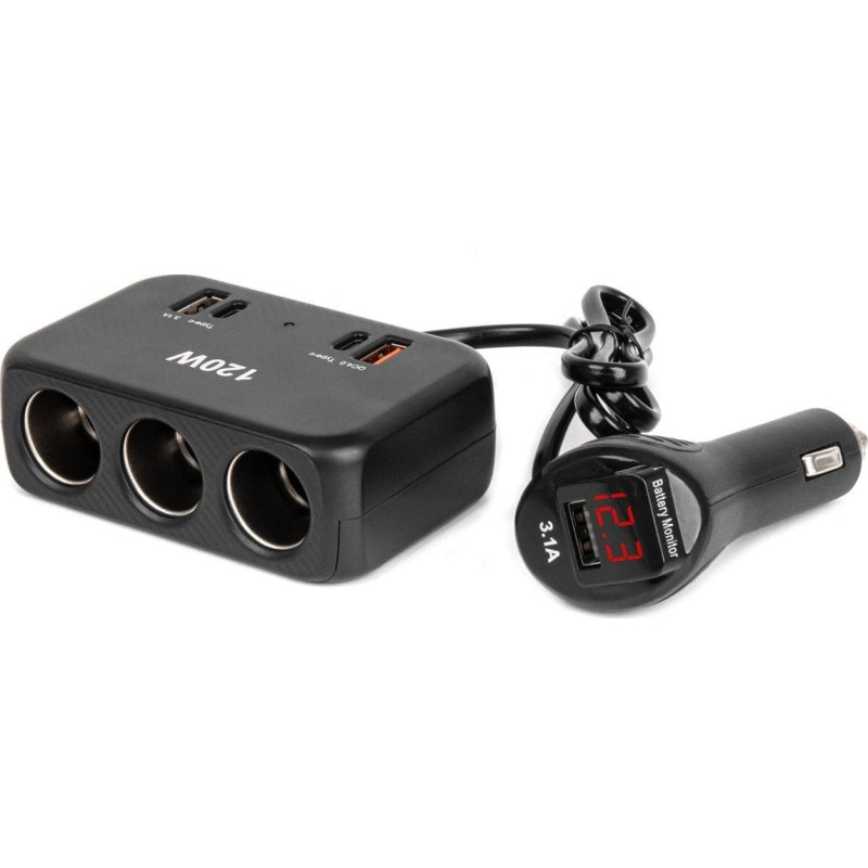 Amio Rozdzielacz gniazda zapalniczki z ładowarką 2x usb-a 1x usb-c qc4.0 12v 24v 120w 80cm amio-04366