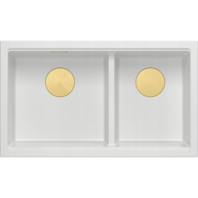 Graniteq QUADRON | LOGAN 120 | granitowy zlewozmywak kuchenny SNOW WHITE + ZŁOTO PVD | wymiar: 76 x 45 x 23,5 cm | 2-komorowy wpuszczany | podbudowa szafki od: 80 cm