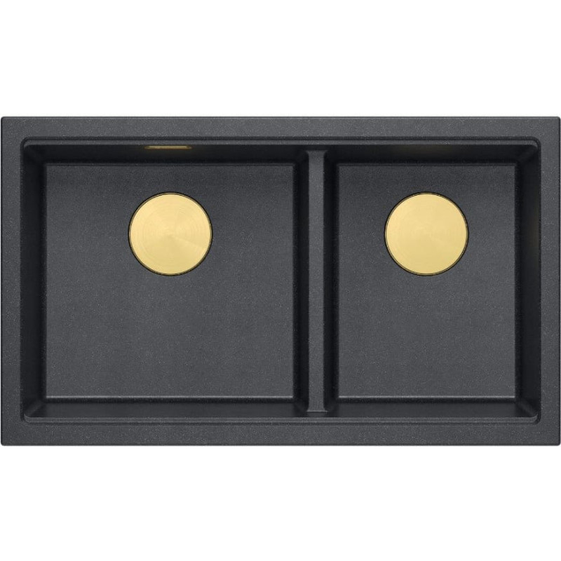 Graniteq QUADRON | LOGAN 120 | granitowy zlewozmywak kuchenny PURE CARBON + ZŁOTO PVD | wymiar: 76 x 45 x 23,5 cm | 2-komorowy podwieszany | podbudowa szafki od: 80 cm