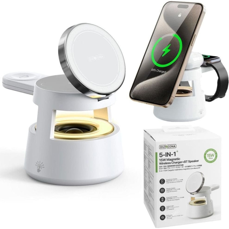 Duzzona W23 - ładowarka indukcyjna 5w1 z głośnikiem Bluetooth i podświetleniem, kompatybilna z MagSafe 15W czarna