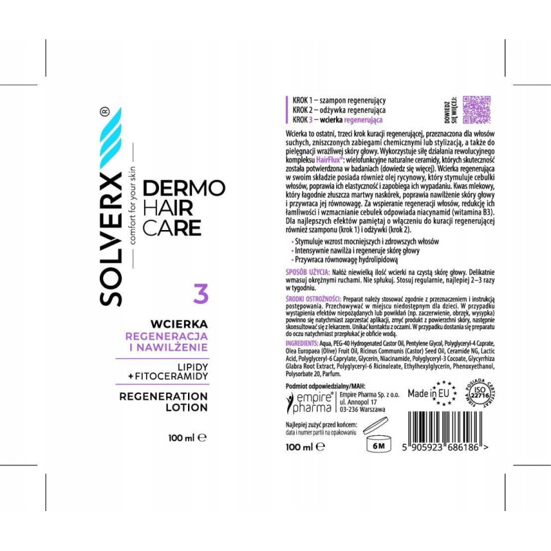 Tołpa SOLVERX Dermo Hair Wcierka do włosów Regeneracja i nawilżenie 100 ml