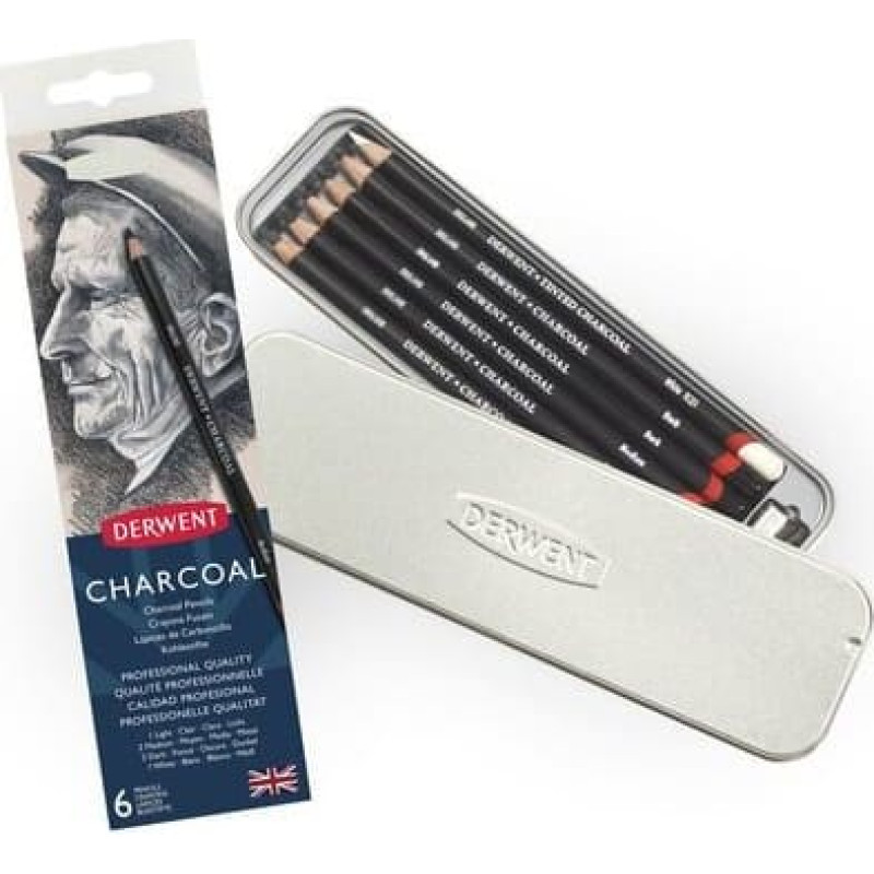 Artequipment Derwent Charcoal - 6stk tin - Charcoal pencils light, medium, dark, white