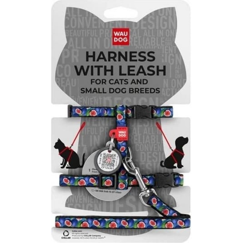 Collar WauDog Nylon Szelki ze smyczą nylonowe anatomiczne w kształcie litery H, z QR-paszportem, plastikowy fastex, wzór FIGA, rozmiar XS