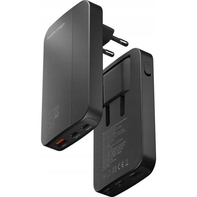Mobile Origin 65W GaN III Slim Charger dual USB-C, Single USB-A black