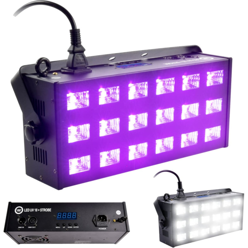Light4Me LED UV 18x3W reflektor + stroboskop DMX