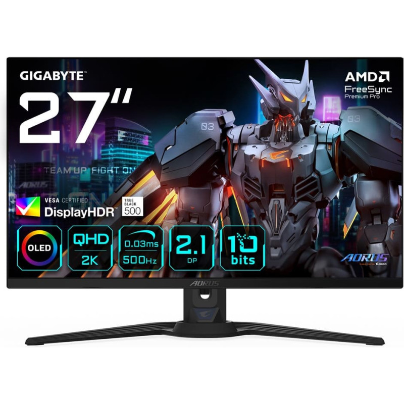 Gigabyte AORUS FO27Q5P OLED QHD Gaming Monitor - 2560 x 1440, 500Hz, 0.03ms, KVM, 300 cd/m², FreeSync Premium Pro, DisplayHDR True Black 500, DisplayPort 2.1