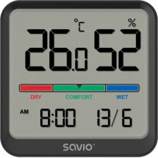Savio Bezvadu meteoroloģiskā stacija, temperatūras un mitruma sensors, lietošanai iekštelpās, LCD ekrāns, pulkstenis, datums, rokturis ar magnētu, CT-01/B melns