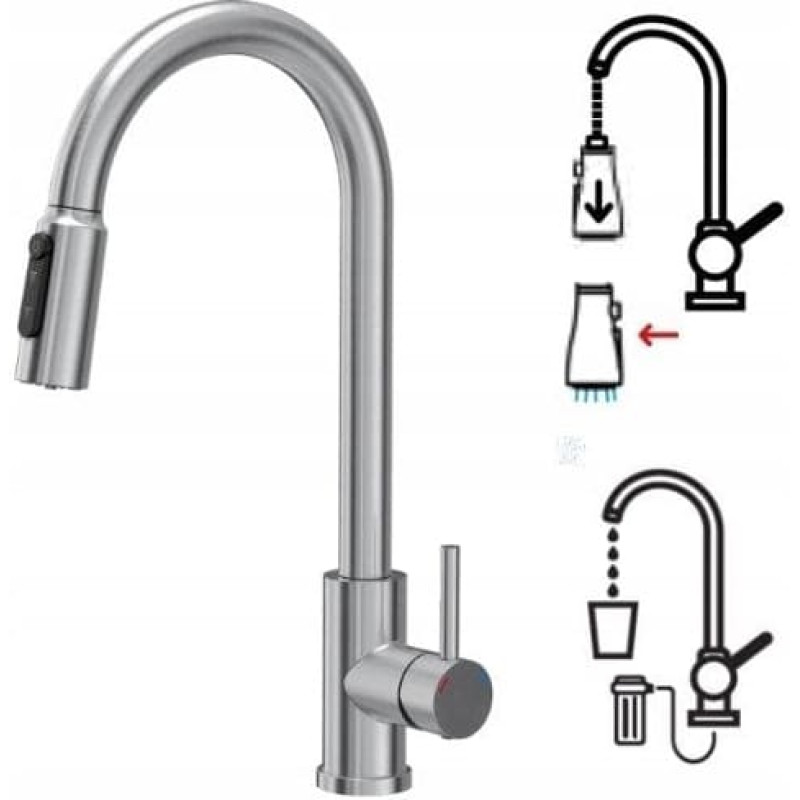 Steiner CINDY SteelQ stalowa bateria kuchenna trójdrożna z wyciąganą wylewką i prysznicem, stalowa