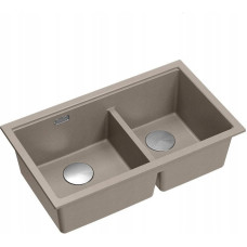 Graniteq QUADRON | LOGAN 120 | granitowy zlewozmywak kuchenny SOFT TAUPE + STAL | wymiar: 76 x 45 x 23,5 cm | 2-komorowy wpuszczany | podbudowa szafki od: 80 cm
