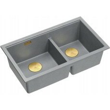 Graniteq QUADRON | LOGAN 120 | granitowy zlewozmywak kuchenny SILVER STONE + ZŁOTO PVD | wymiar: 76 x 45 x 23,5 cm | 2-komorowy podwieszany| podbudowa szafki od: 80 cm