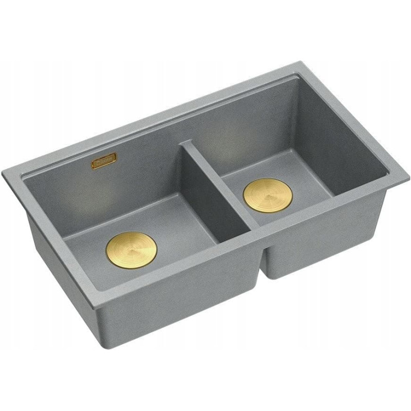 Graniteq QUADRON | LOGAN 120 | granitowy zlewozmywak kuchenny SILVER STONE + ZŁOTO PVD | wymiar: 76 x 45 x 23,5 cm | 2-komorowy podwieszany| podbudowa szafki od: 80 cm