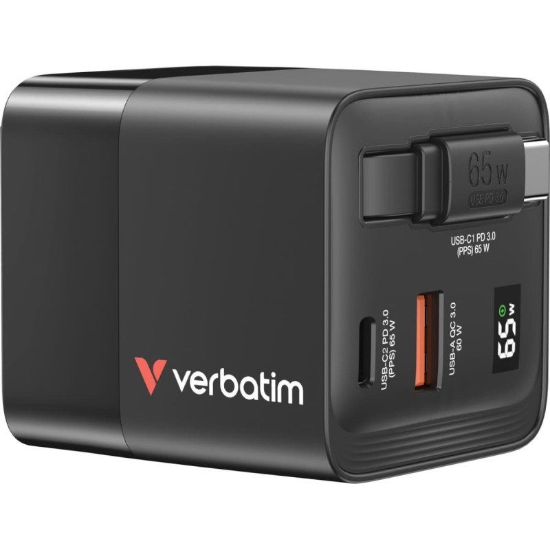Verbatim , �adowarka GaN USB 3.0, USB C, szara, 65 W, wymienne wtyczki C, G, A, ze zintegrowanym kablem