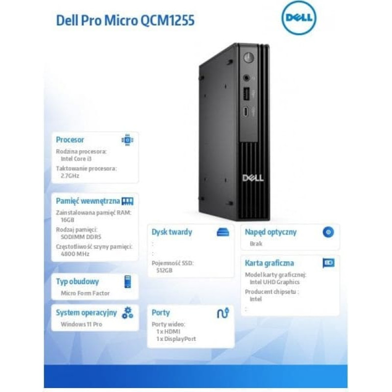 Dell Komputer Dell Pro Micro QCM1250 W11Pro i3-14100T/16GB/512GB SSD/Integrated/WLAN + BT/Kb/Mouse/3YPS